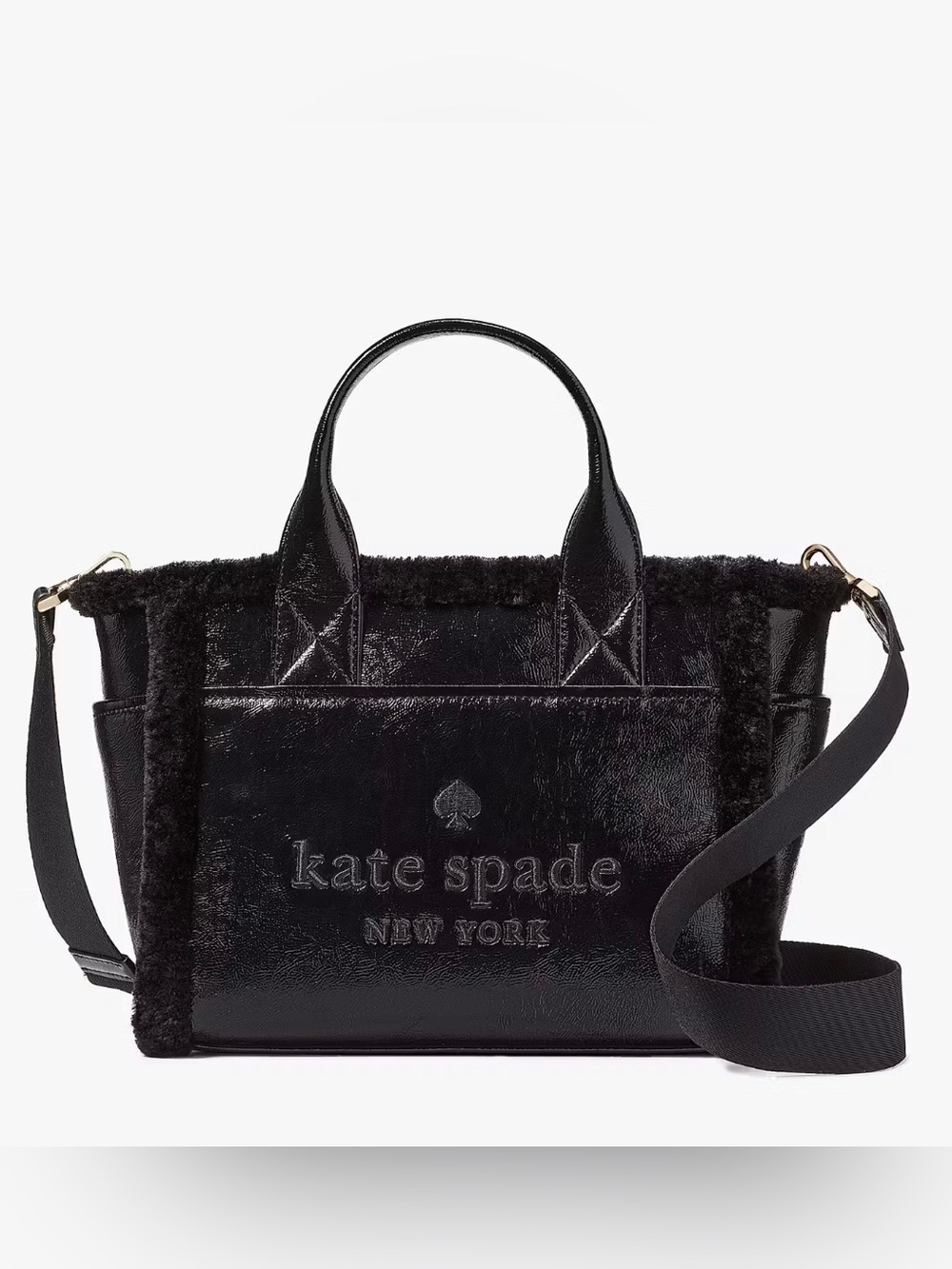 NWT kate spade Jett Black Patent Small Shearling-Trim Tote with Shoulder Strap